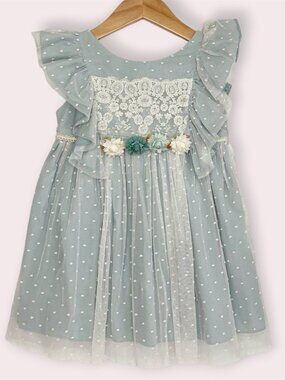 Abel & Lula blue swiss dot tulle dress lace floral flutter sleeve Spain size 4